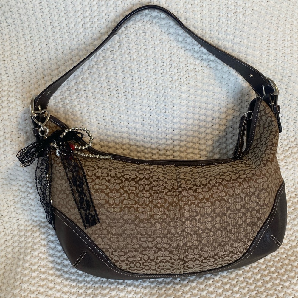 Vintage Coach Brown Signature Canvas Hobo with Dark Trim